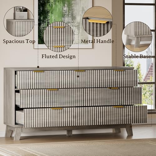 Image of BORNOON Fluted 7 Drawer Dresser, 47.2 inch Wide Modern Boho Chest of Drawers, Wooden Storage Dresser TV Stand for Bedroom, Living Room, Closet, Hallway, Curved Profile Design