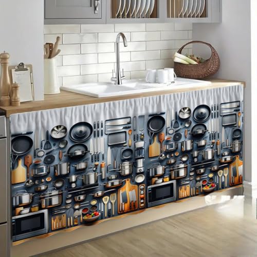 Image of Premium Printed Kitchen Sink Curtain | Washable & Dustproof Rod Pocket Counter Skirt | Perfect for Any Sink | Multicolor Cooking Theme Decor for Home & Kitchen(150cm X 70cm) (Vasan)