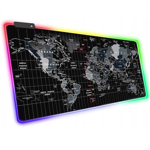 Alfombrilla de Ratón Gaming XXL Mapa Mundi - Iluminación LED - Antideslizante, impermeable y con 4 modos de iluminación - Complemento Ideal para su Ratón, Teclado, Portátil, Escritorio - 800X300 mm.