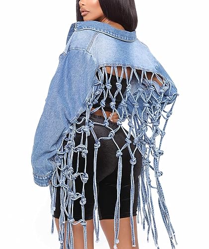 Sexyshine Women's Long Fringe Cropped Denim Jacket Back Hollow Out Knotted Tassel Distressed Blue Button Down Jean Coat