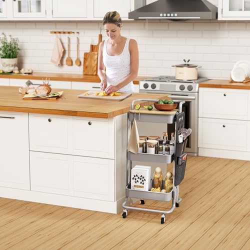Image of DTK 3-Tier Rolling Cart with Table Top, Metal Utility Cart with Side Bags | Tray Storage Organizer, Lockable Wheels, 4 Hooks, Art Cart for Kitchen, Bathroom, Office, Craft room, Living room,Grey