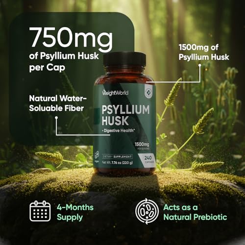 Image of WeightWorld Psyllium Husk Capsules 1500mg (750mg per Cap) | Prebiotics & Soluble Fiber Supplement for Digestive Health - 240 Vegan Psyllium Husk Powder Capsules, Non-GMO, Gluten-Free