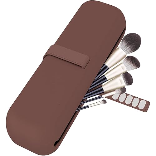 Frimon Silicone Makeup Brush Holder, Strap Anti-fall Makeup Brush Organizer Case, Silicone Makeup Brush Bag, Cosmetic Brush Holder Travel Essentials for Women Coffee