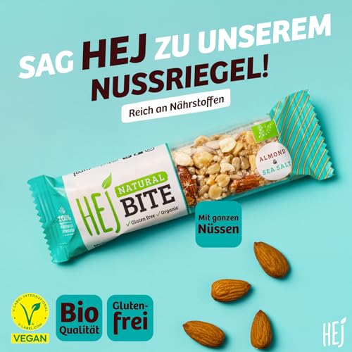 HEJ Bite Bio-Nuss-Riegel - Low-Carb Snack mit Nüssen - Veganer Energieriegel mit Mandeln, Haselnüssen & Erdnüssen - Glutenfrei - Almond & Sea Salt 12 x 40g
