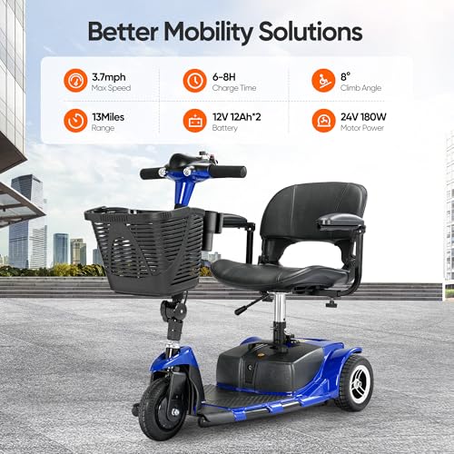 Image of 3 Wheel Mobility Scooters for Adults，Collapsible Electric Powered Wheelchair，Portable Compact Motorized Scooter for Travel，Long Range Power，Battery with Charger，Basket and Cup Holder (Blue)