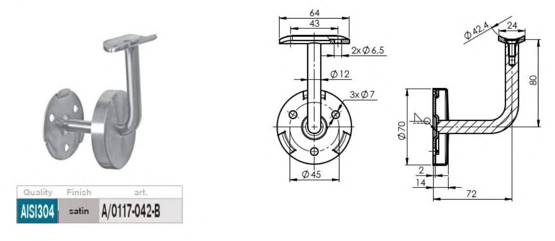 Sostegno Corrimano In Acciaio Inox AISI 304 - Piastra 2 Fori Per Installazione A Parete - Foto 7