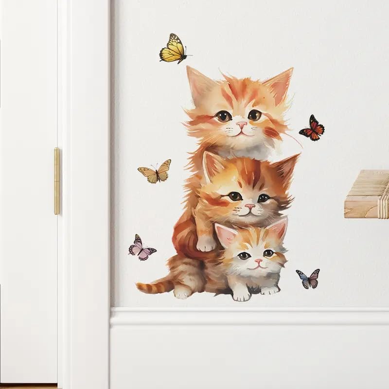 Large Cat Lovers Wall Decals- 12x16.5 Inch Cute Cat & Butterflies Wall Decal Stickers Set, Mural for Wall, Nursery, Kitchen, Office Decor - Adorable Cats Vinyl Waterproof Decals (Cats & Butterflies)