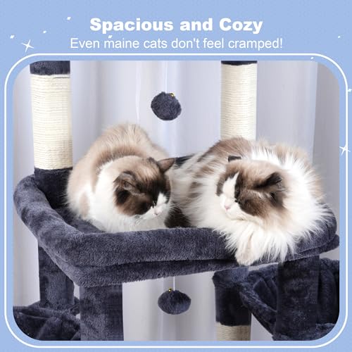 Image of Hey-brother Cat Tree Tower, Scratching Posts with Extra Large Platform, Specious Condo, 2 Cozy Hammocks, Self-Grooming Brush for Indoor Adult Cats, Maine Coon 51.1 inches, Smoky Gray MPJ070G