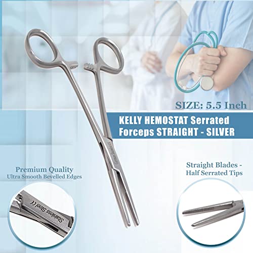 A2Z Scilab A2Z-HM-STR-RB Set Of 2 Pcs 5.5 Inch Straight & Curved Kelly Hemostat Forceps Locking Clamps Premium Quality Stainless Steel Set-With Half Serrated Jaws thumb #1