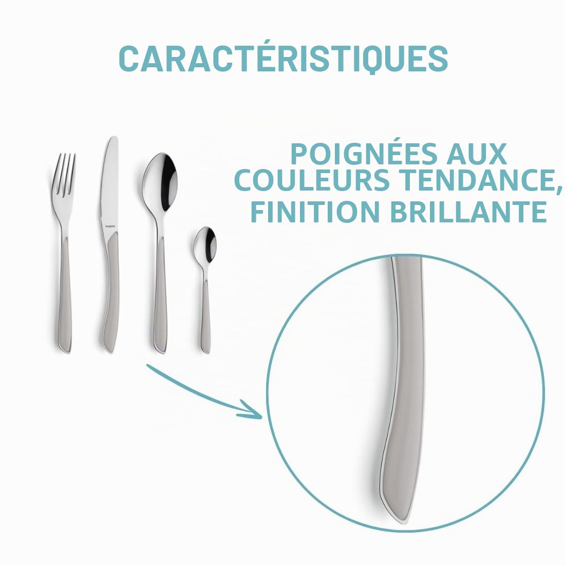 Kuppels Service de Couverts à Prisme en Acier Inoxydable Poli, Couverts 24 pièces, pour 6 Personnes, Manches en Plastique de Haute qualité en Gris Clair, Inoxydable, Lavable au Lave-Vaisselle