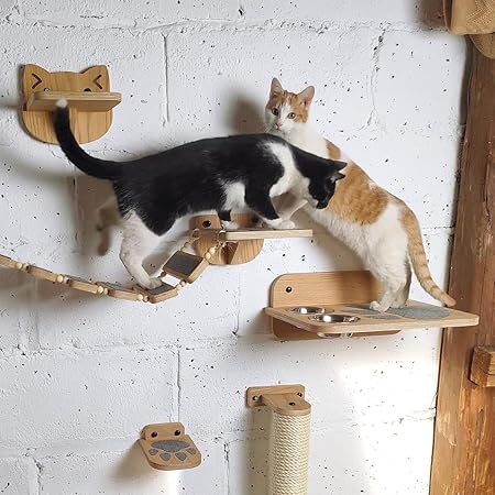 ANAIZA Wall-Mounted Cat Furniture Set – Wooden Cat Climbing Shelves, Hammock Bridge, Perch, Scratcher & Feeder – Interactive Wall Playground for Indoor Cats (Wall Furniture Set) 2