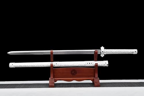 Miniatura 9 de Yongli Sword Fulll Tang - Hoja grabada de acero de manganeso de alta calidad, hecha a mano, espada china de cuero blanco plateado