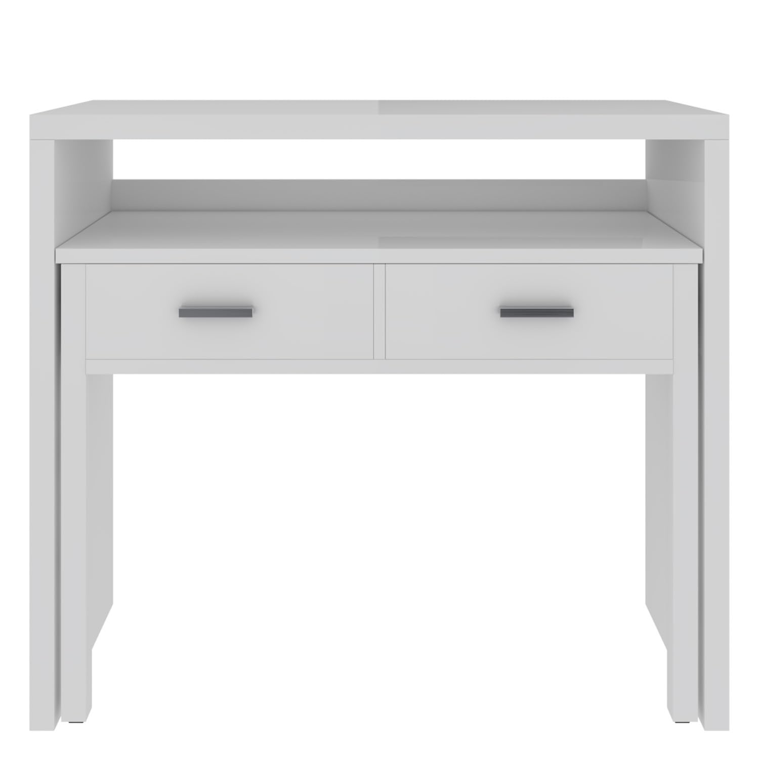 Arreditaly Consolle Allungabile Scrivania Con 2 Cassetti Scrittoio Ufficio Cameretta Salvaspazio Scrivania Estensibile Design Arredo Casa Guide Metalliche 98.5 x 36 x 87.5 cm Bianco