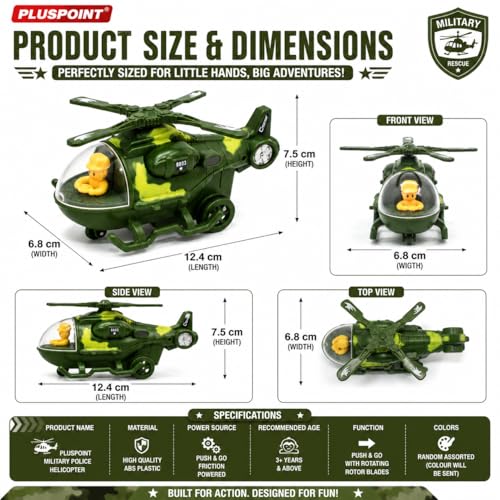 Image of PLUSPOINT Military Police Helicopter Toy for Kids | Friction Powered Push & Go SWAT Chopper | Pretend Play Police Air Rescue Helicopter Vehicle Toy for Boys, Girls & Toddlers