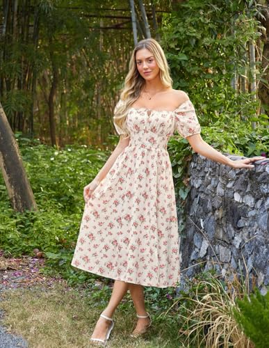 Image of Scarlet Darkness Women's Floral Corset Dress with Split 2026 Summer Spring Square Neck Midi Milkmaid Dresses