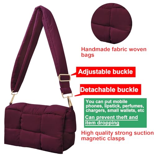 Image of Shoulder Bag Lightweight Puffer Tote Crossbody Bag Handwoven for Women | waterproof nylon, durable, easy clean, soft padded texture, versatile for travel, work, weekend, everyday, adjustable strap