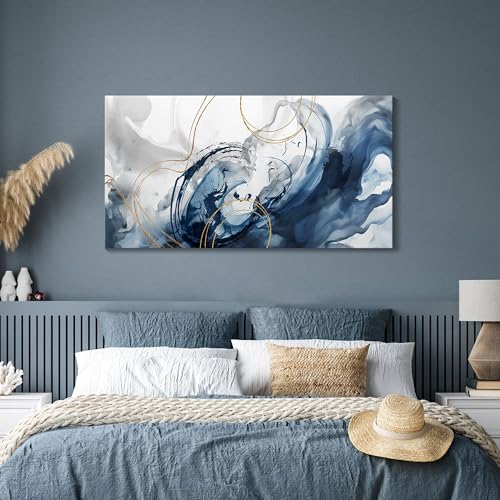 Image of Mofutinpo Abstract Canvas Wall Art Blue Pictures for Living Room Wall Decoration Large Modern Wall Art Office Artwork Wall Decor Graffiti Paintings for Bedroom 24x48in