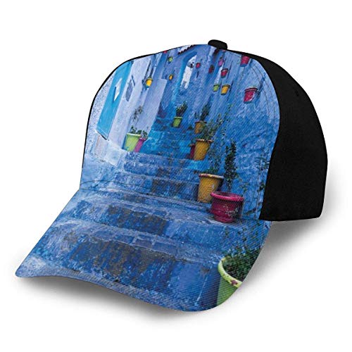 Unisex Hüte Baseballmützen Hüte Papa Hut Straße mit bunten Blumentöpfen in der Stadt Chefchaouen in Marokko Travel Village