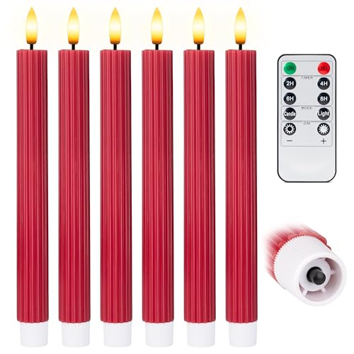 Image of 10 inch Fluted Ribbed LED Red Grooved Real Wax Taper Candles, Remote & 24h Timer Memory, On /Off Switch - Flameless Dimmable Battery Operated w /Flicker Mode, Home Wedding Decor (6 Pack)