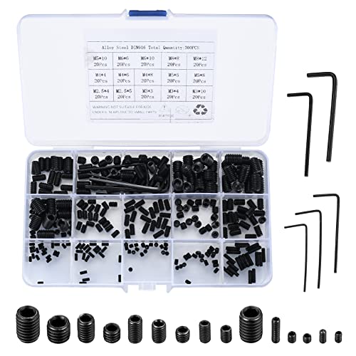 300 Pezzi Viti Senza Testa Kit, M2.5/M3/M4/M5/M6/M8 Vite Grani Filettati, Viti a Esagono Esagonali Incassato Maniglie Porte, Rubinetto, con Brugola Esagonale Fissaggio Kit - Nero