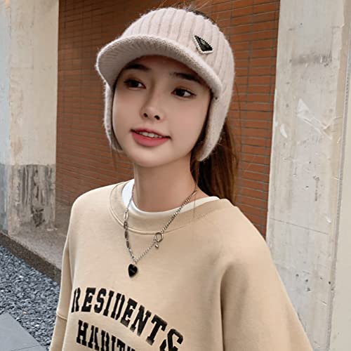 Image of Open Beanie with Earflaps Visor Brim Bun Ponytail Winter Golf Tennis Hats Women