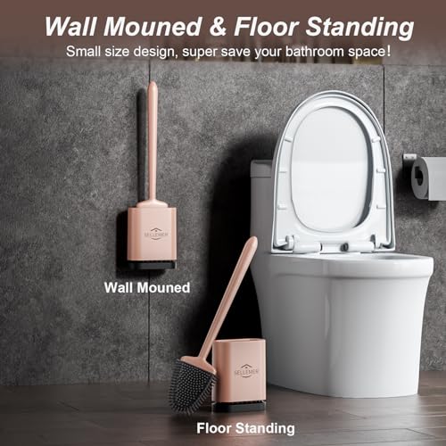 Image of Sellemer Silicone Toilet Brush, Ventilation Slots Holder 1 Pack, Rose Gold | Flexible Bristles Flat Head for Rim, Hair Tangle-Free, Easy to Clean, Compact Design, Rustproof Handle, for Toilet /Sink /Tub