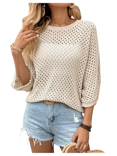 GORGLITTER Women's 3/4 Length Sleeve Crochet Tops Summer Hollow Out Pullover Knit Sweater