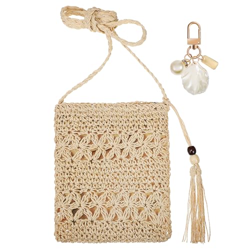 Woven Straw Shoulder Beach Bag for Women with Shell Tassel Decoration in Vintage Style, 8.6 x 6.7 inch