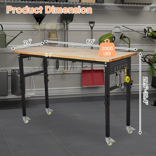 60'' Adjustable Workbench with Power Outlet & Scale,29"-40" Height Adjustment Rolling Mobile Workbench,2000 Lbs Load Capacity Rubber Wood Workstation,Heavy Duty Work Table,for Garage,Workshop