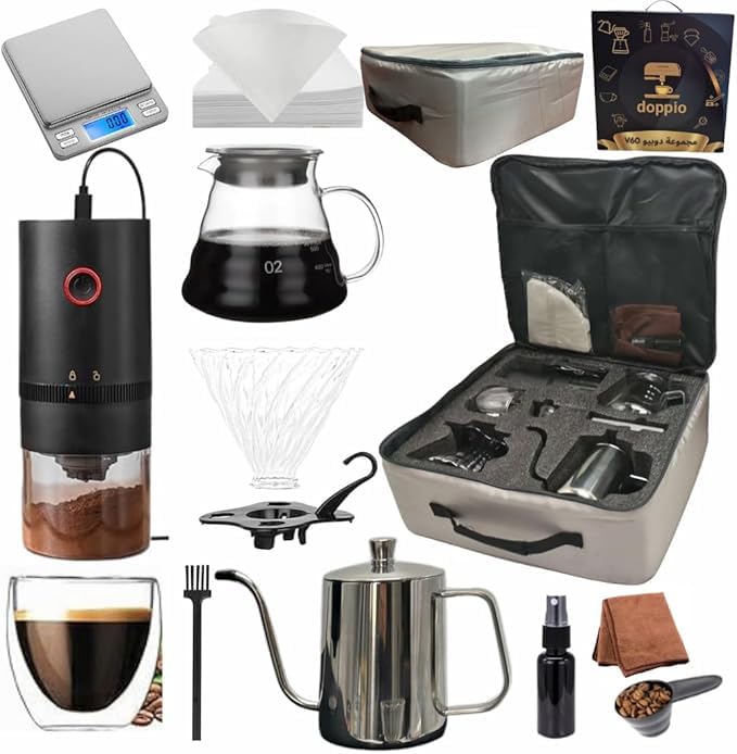 Image of DOPPIO V60 Coffee Maker Dripper Set, 13-Pcs Pour Over Coffee Maker Brewing Set with 600ml Glass, Gooseneck Kettle, V60 Glass, Dripper & Carry Case,Gift-Grey (Premium Kit) for Home,Office & travelling