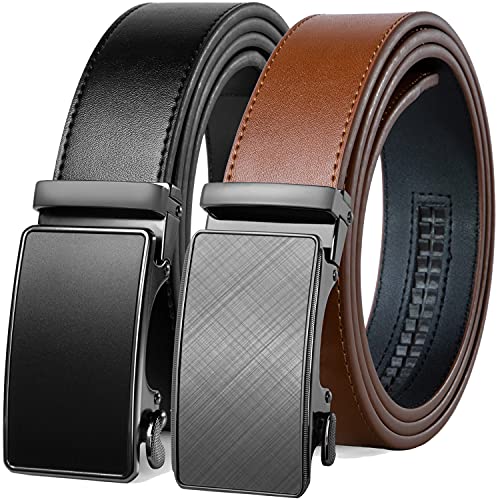 Image of Founders & C Mens Belt 2 Pack,Leather Ratchet Click Belt Dress with Slide Buckle 1 3 /8 inch in Gift Set Box- Size Adjustable