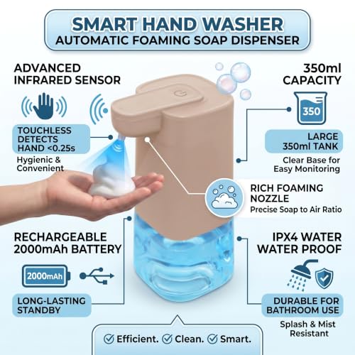 Image of Automatic Foaming Soap Dispenser with 200ml Foaming Handwash Refill Included, 350ml Touchless Soap Dispenser, Smart Infrared Sensor,IPX4 Waterproof for Kitchen & Bathroom (Pink)