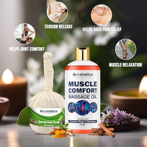 Image of AROMATICO Potli Massage Muscle Comfort Kit. Combo Pack of Muscle Comfort Massage oil (300ml) & Herbal Massage Potli (200gm).