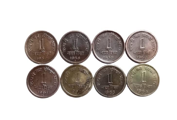 A TO Z CRAFTS Bronze Copper 1 Naya Paisa Mix Year Coin 1957 to 1964 Total 8 Coin Antique Used Coin (Small, Brown)
