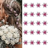 YISSION 20 Pcs Mini Rose Flower Hair Clips Cute Rhinestone Hair Pins Small Decorative Hair Clips Wedding Hair Barrettes Hot Pink Flower Bridal Hair Accessories for Girls Women