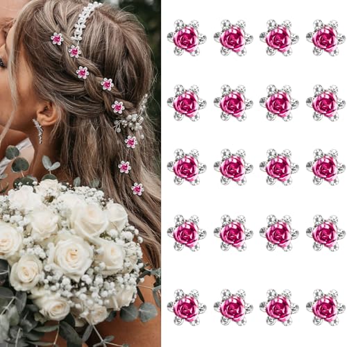 YISSION 20 Pcs Mini Rose Flower Hair Clips Cute Rhinestone Hair Pins Small Decorative Hair Clips Wedding Hair Barrettes Hot Pink Flower Bridal Hair Accessories for Girls Women