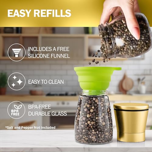 Image of Home EC Original Gold Salt and Pepper Grinder Set of 2 - Adjustable Ceramic Grinder - Glass Salt and Pepper Shakers With Funnel and Ebook - Kitchen Spice Mill - Gold Kitchen Accessories