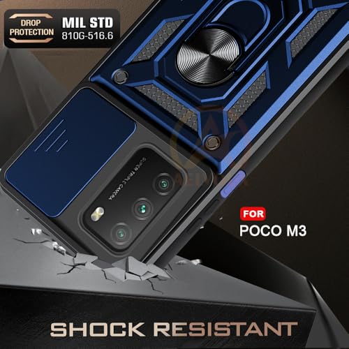 Image of AESTMO Tough Armor Poco M3 / Redmi 9 Power Bumper Back Case Cover | Ring Holder & Sliding Camera Shield Cover | 360 Degree Protection Back Case Cover for Poco M3 / Redmi 9 Power (Blue)