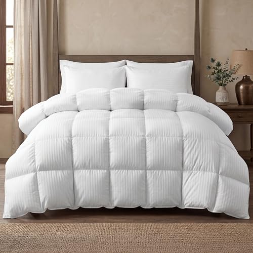 Image of Elegant Comfort Premium Hotel Quality 100% Egyptian Cotton, 3-Piece Stripe Down Alternative Cotton Comforter Set - Box Stitched - Duvet Insert with 4 Corner Tabs, King, White