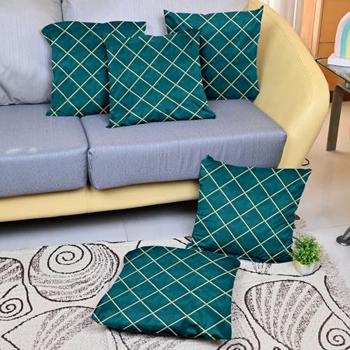 Image of Divine Casa Decorative Cushion Cover Set of 5 Teal | Velvet Feel Polyester Cushion Covers 16x16 Inch | Sofa Cushion Covers with Golden Lace Border | Decorative Cushion Covers