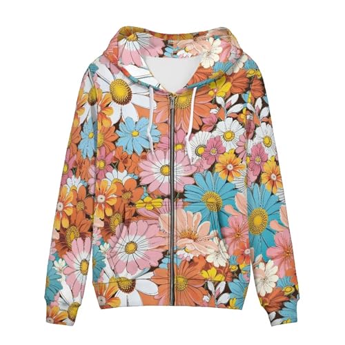 Frestree Colorful Daisy Zip Up Hoodies for Women, Casual Soft