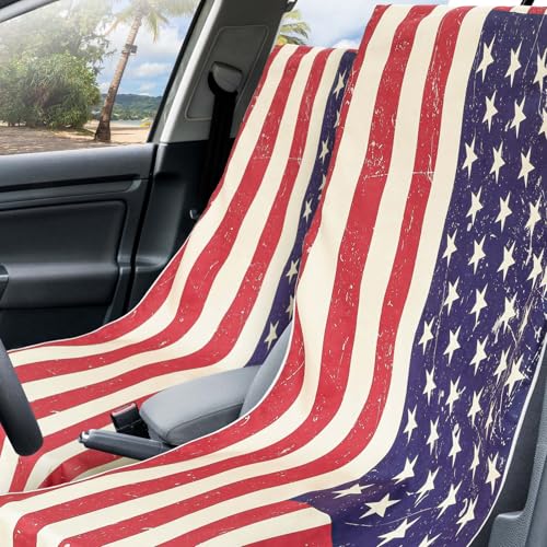 Image of Hahafelt 2 Pack Car Seat Towel Cover with Storage Bag, American Flag | 63 x 32 in Car Towel Seat Cover Non Slip Waterproof, Gym Workout Swimming Running, Machine Washable Sweat Absorbent Protector