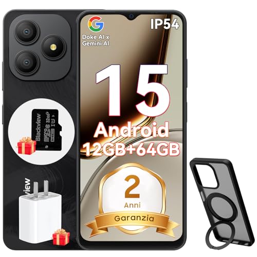 Blackview Wave 9C Smartphone Android 15 con Cover Girevole a 360° e Scheda TF da 32GB, 12GB+64GB Telefono Economico, IP54 6.56'' HD+, 5000mAh, 13MP Cellulare, Dual 4G SIM, OTG, GPS, 3.5mm Jack