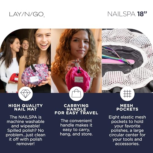 Lay-n-Go NailSpa Drawstring Cosmetic Bag - Portable Nail Supplies Organizer Bag w/ 8 Elastic Mesh Pockets & Circular Center - Durable, Machine Washable Nail Kit Organizer (18", Pink)4