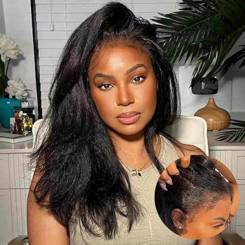 Ruinafen 4C Edges Kinky Straight Human Hair Wig 13x6 HD Lace Front Wigs Human Hair with Curly Baby Hair 250% Density Pre Plucked Pre Bleached Wig for Black Women Natural Color 16 inch