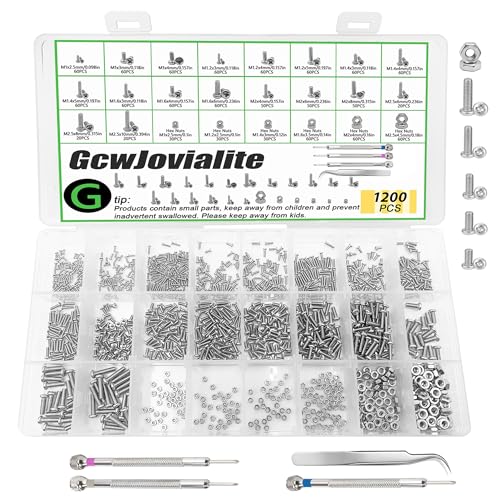 GcwJovialite 1200 Stück M1 M1.2 M1.4 M1.6 M2 M2.5 Kleine Schrauben Set Mini Schrauben Muttern Set Vernickelt Mikro Maschinenschrauben mit Muttern Kreuzschlitzschrauben Für Elektronik Uhrmacher Brillen