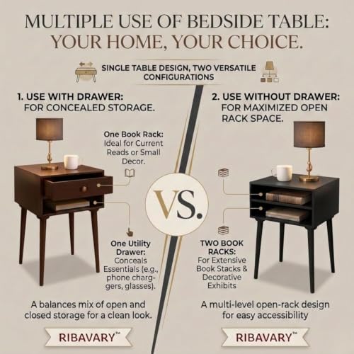 Image of Modern Bedside Table Nightstand, Practical End Side Table with Drawer Storage for Small Spaces Wooden Bedside Table, Book Rack Table Coffee Table, Living Room /Bedroom (Brown.)