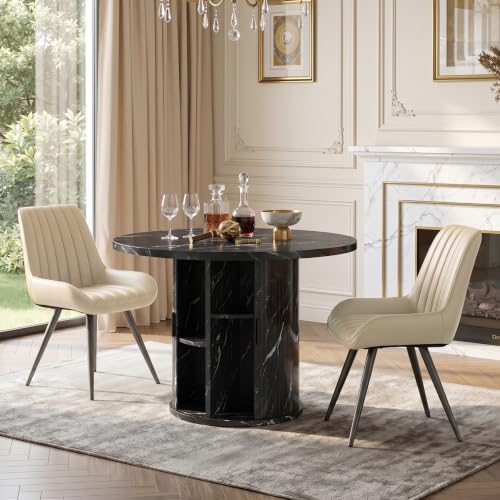 3-Piece Round Dining Table Set for 2, 31.5-Inch Modern Faux Marble Kitchen Table with Semi-Open Storage Shelf, Soft Fabric Upholstered Dining Chairs (Black Faux Marble Table + 2 Beige Chairs)