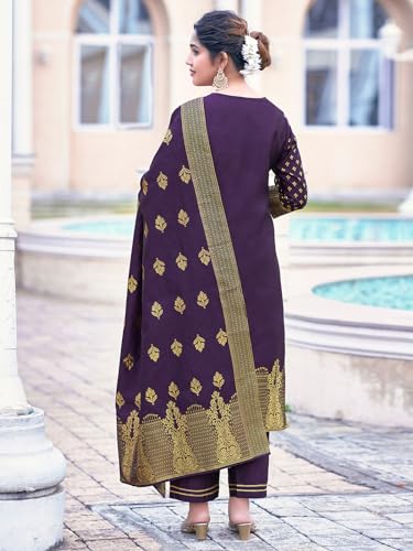 Sanisa Women's Art Silk Jacquard Work Straight Kurta With Pant And Dupatta (128Kbd1381N-S_Deep Purple)