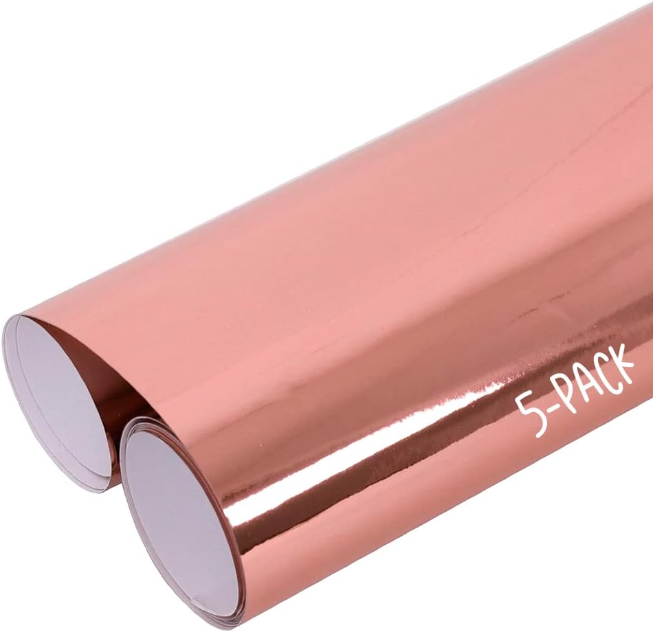 Rose Gold Chrome Vinyl Permanent, 12x12 Sheets Chrome Vinyl Adhesive, Rose Gold Sticker Vinyl for Cricut, Silhouette, Signs, Decals (5 Sheets)
